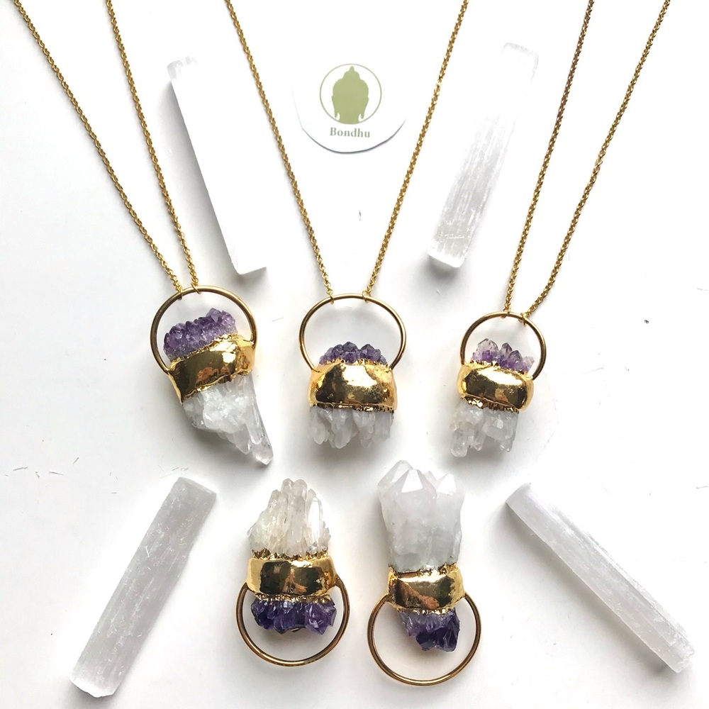 Large Mystical Amethyst Chunk & Clear Crystal Quartz Cluster Gold Necklace